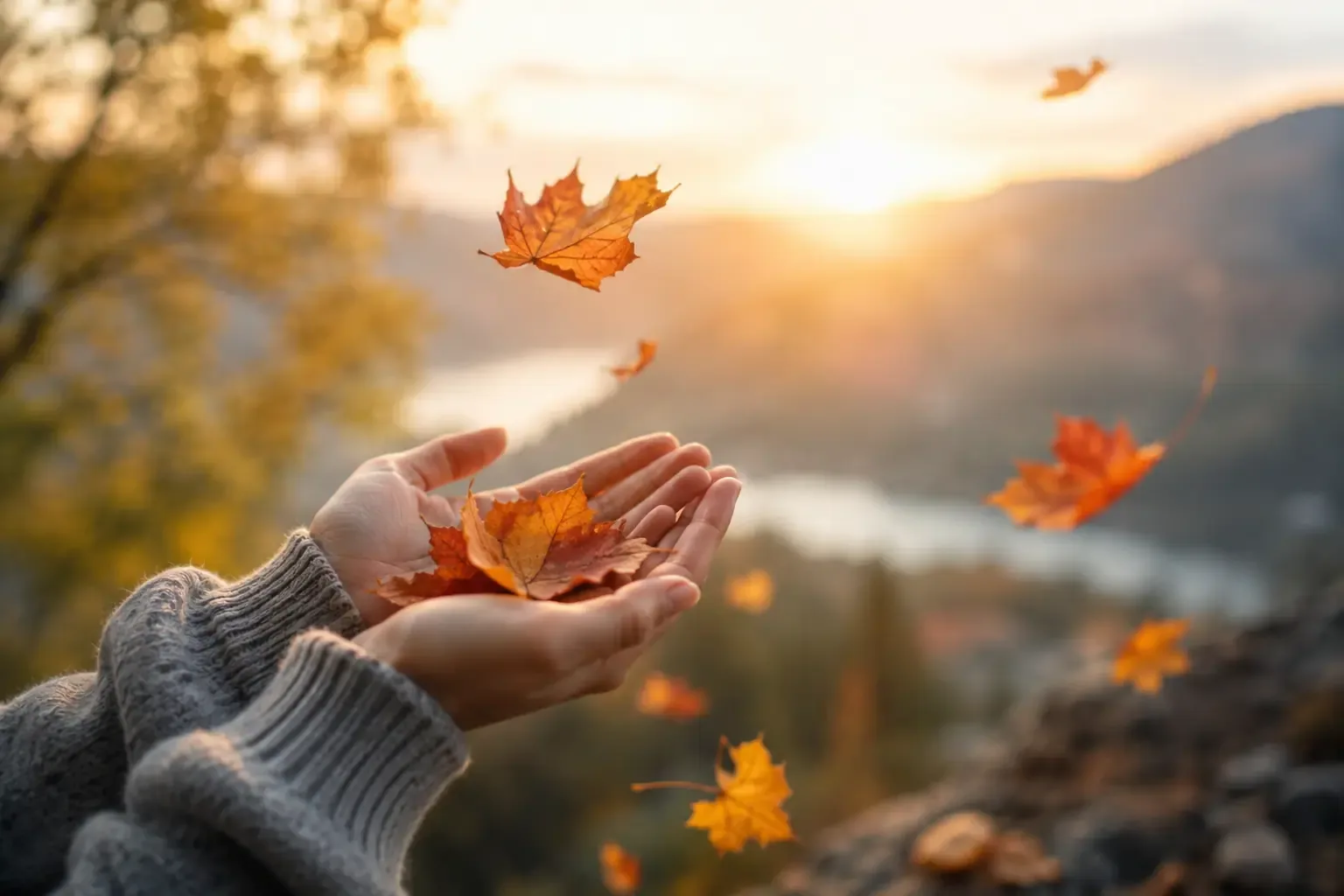 A pair of hands cupped together outdoors catching falling autumn leaves, one leaf mid-air, soft natural light, symbolizing letting go and holding on at once A pair of hands cupped together outdoors catching falling autumn leaves, one leaf mid-air, soft natural light, symbolizing letting go and holding on at once