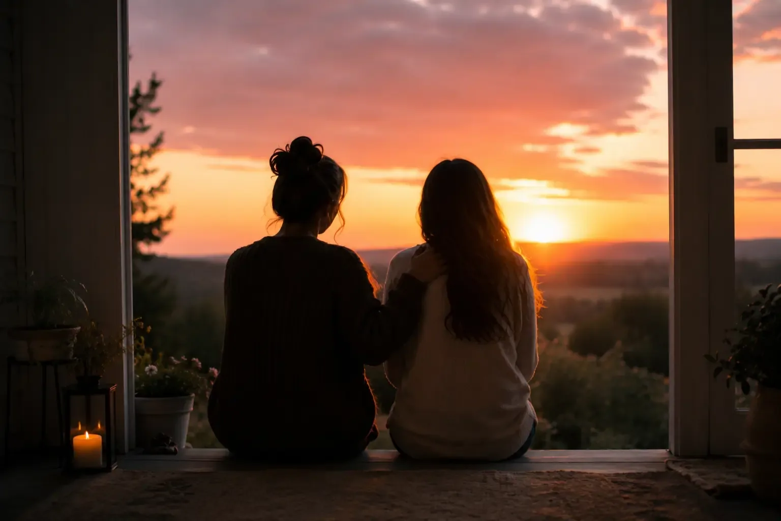 Two silhouettes sitting side by side on a porch step at dusk, one hand resting gently on the other's shoulder, warm orange sunset sky, simple and quiet composition Two silhouettes sitting side by side on a porch step at dusk, one hand resting gently on the other's shoulder, warm orange sunset sky, simple and quiet composition