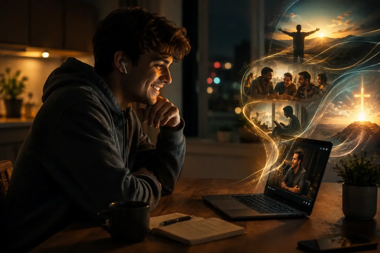 A young man watching a podcast on a laptop at a kitchen table at night A young man watching a podcast on a laptop at a kitchen table at night