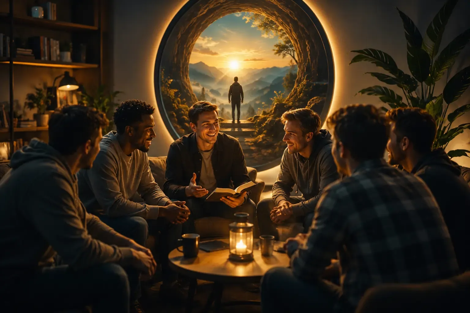 Group of young men sitting in a circle talking during an evening small group meeting Group of young men sitting in a circle talking during an evening small group meeting