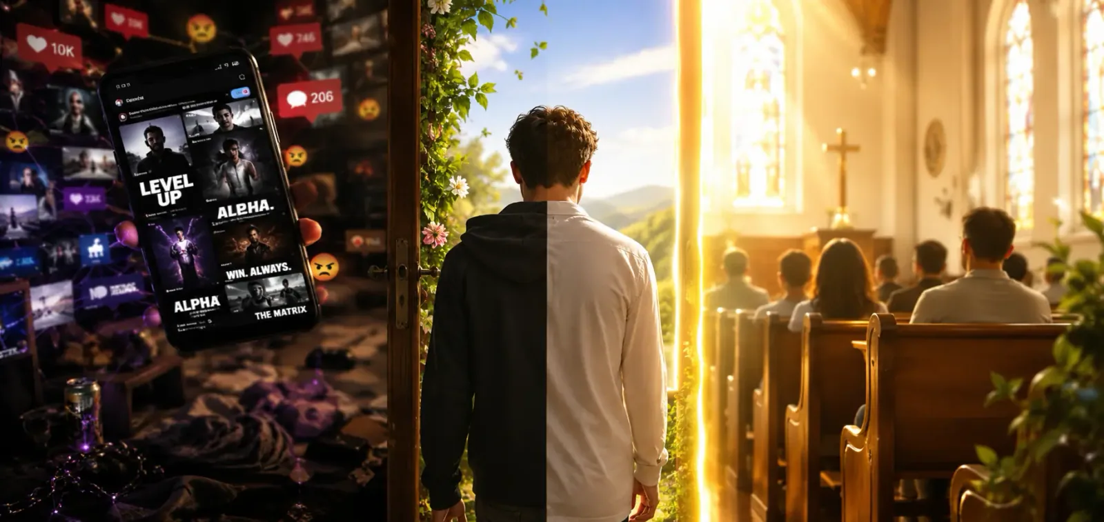 split-screen illustration of a young man scrolling a phone on one side and sitting in a church pew on the other, same person, warm editorial style split-screen illustration of a young man scrolling a phone on one side and sitting in a church pew on the other, same person, warm editorial style
