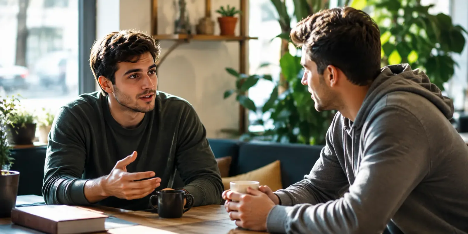two young men talking seriously over coffee in a casual setting, natural daylight, candid documentary style two young men talking seriously over coffee in a casual setting, natural daylight, candid documentary style