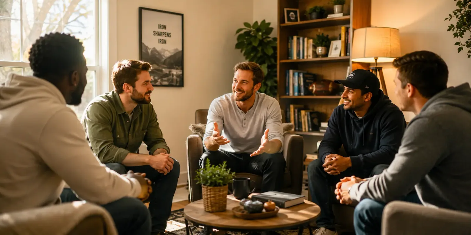 a small group of men sitting in a circle talking, casual living room setting, warm lighting, relaxed body language a small group of men sitting in a circle talking, casual living room setting, warm lighting, relaxed body language