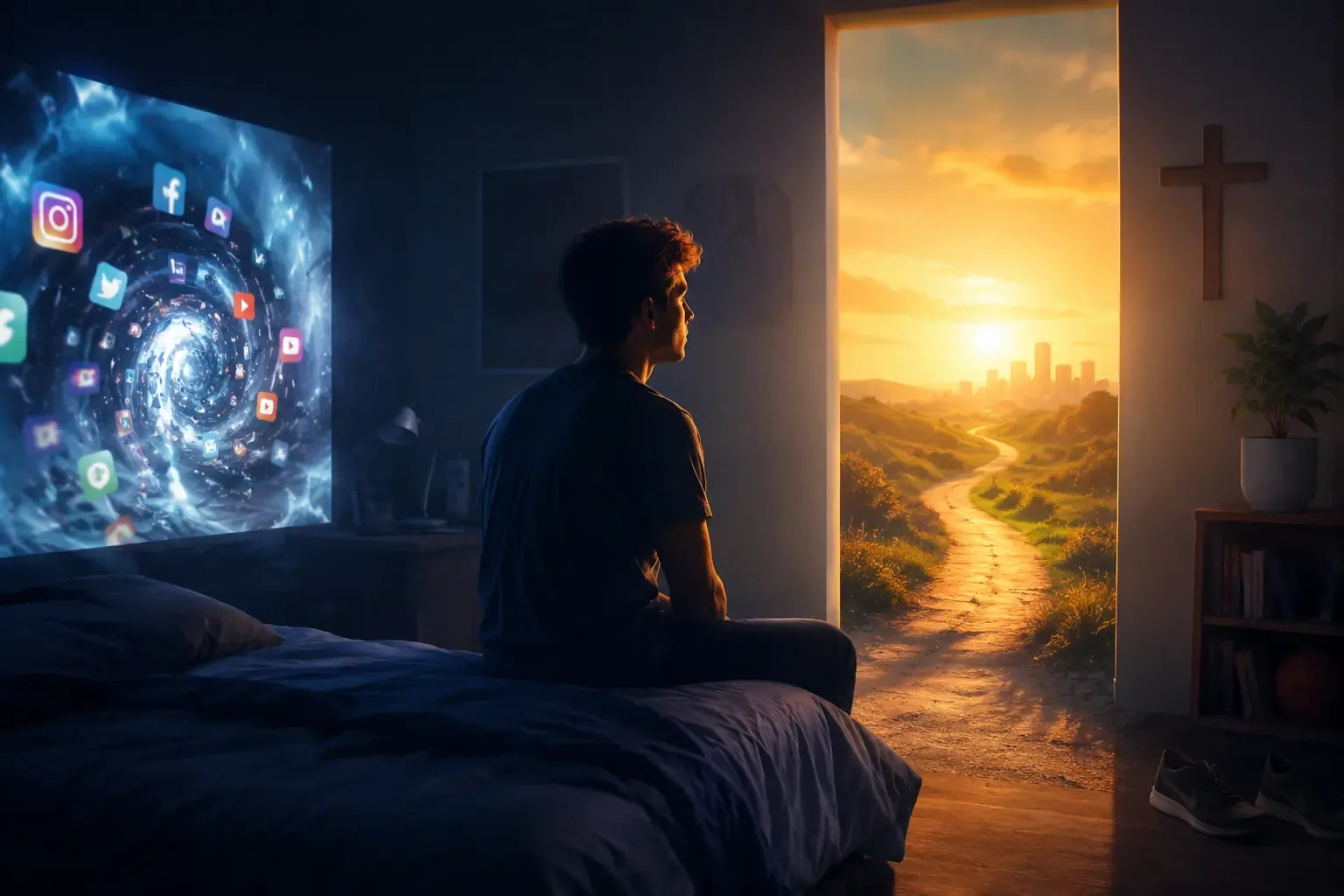 a young man sitting alone on the edge of a bed at night, glow of a screen lighting his face, dark bedroom, cinematic and quiet, no hands or fingers visible in frame a young man sitting alone on the edge of a bed at night, glow of a screen lighting his face, dark bedroom, cinematic and quiet, no hands or fingers visible in frame