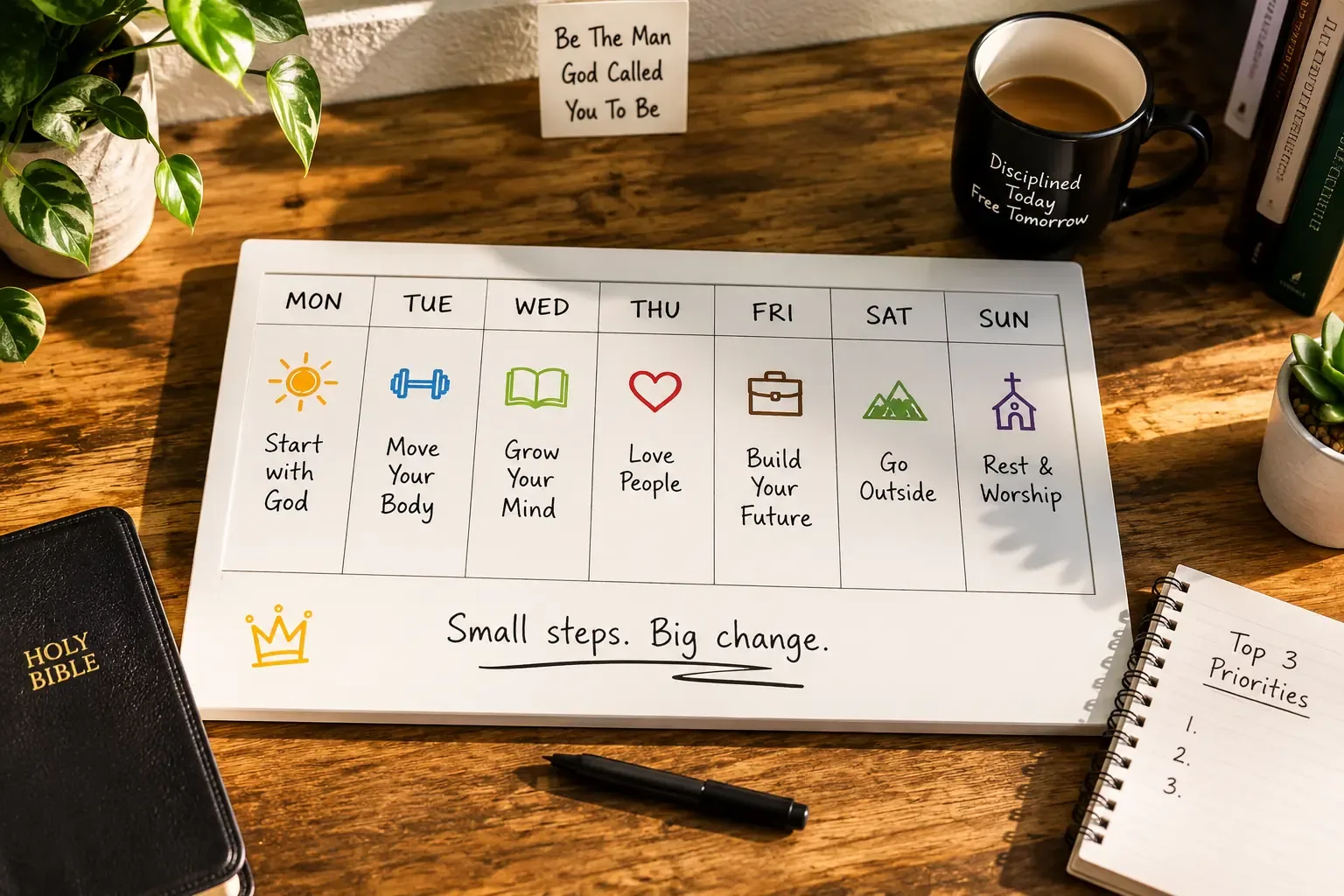 a simple weekly planner or checklist on a desk with a coffee cup and open notebook, warm morning light, flat lay photography style a simple weekly planner or checklist on a desk with a coffee cup and open notebook, warm morning light, flat lay photography style