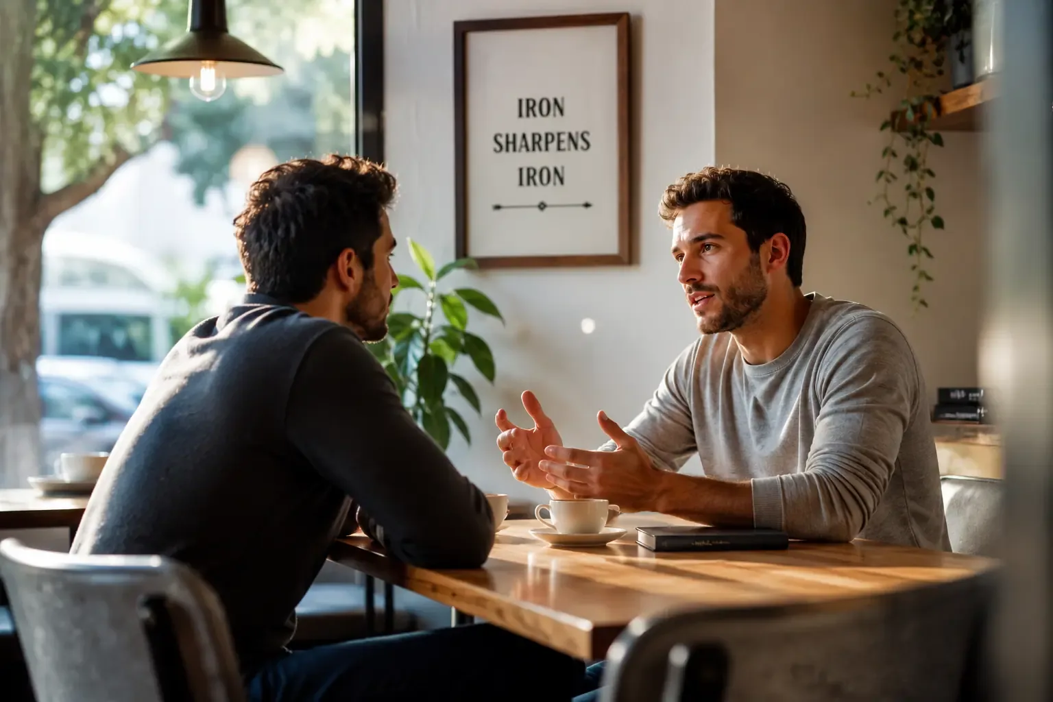 two men sitting across a table at a coffee shop having a serious but warm conversation, natural daylight, candid documentary photography style two men sitting across a table at a coffee shop having a serious but warm conversation, natural daylight, candid documentary photography style