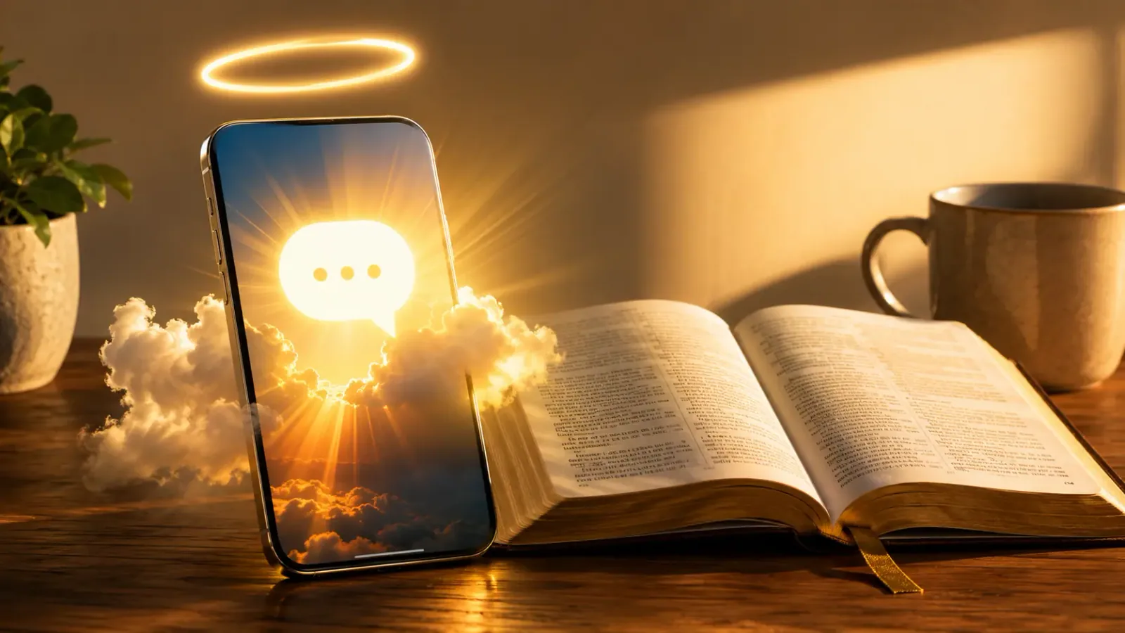 a smartphone glowing on a dark wooden desk with a chat bubble icon shaped like light rays, open Bible beside it, warm lamp light, no people visible a smartphone glowing on a dark wooden desk with a chat bubble icon shaped like light rays, open Bible beside it, warm lamp light, no people visible