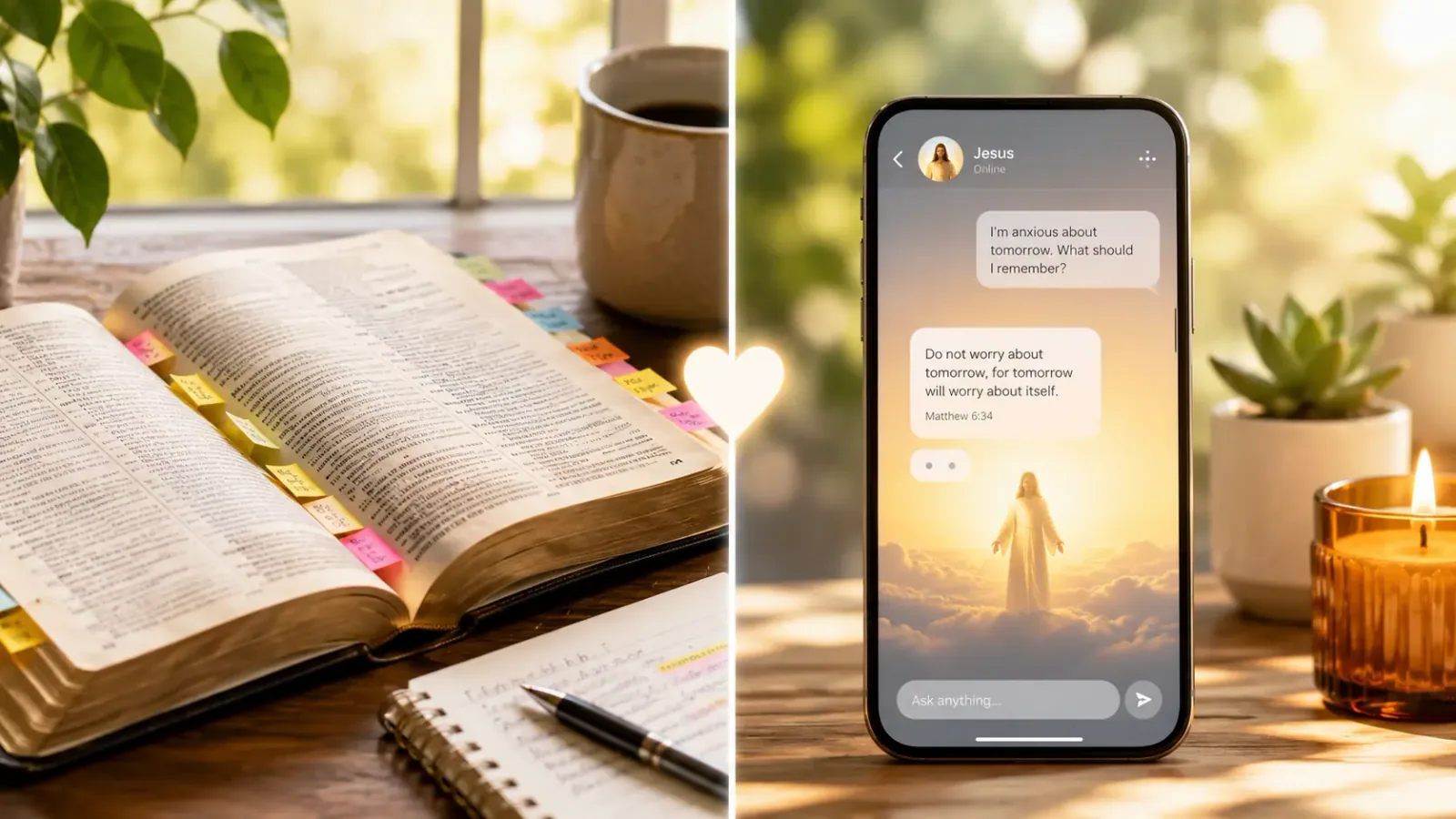 split image showing a physical Bible with sticky notes on one side and a phone chat interface on the other side, on a cozy reading table, soft natural window light split image showing a physical Bible with sticky notes on one side and a phone chat interface on the other side, on a cozy reading table, soft natural window light