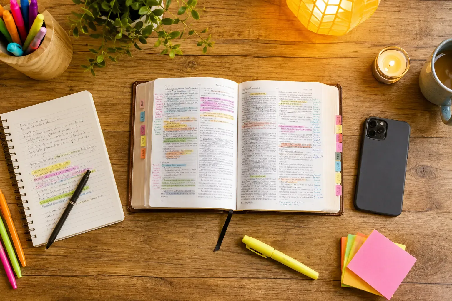 an open study Bible with a highlighter and notebook next to a closed smartphone, cozy desk lamp lighting, top-down flat lay photography style an open study Bible with a highlighter and notebook next to a closed smartphone, cozy desk lamp lighting, top-down flat lay photography style