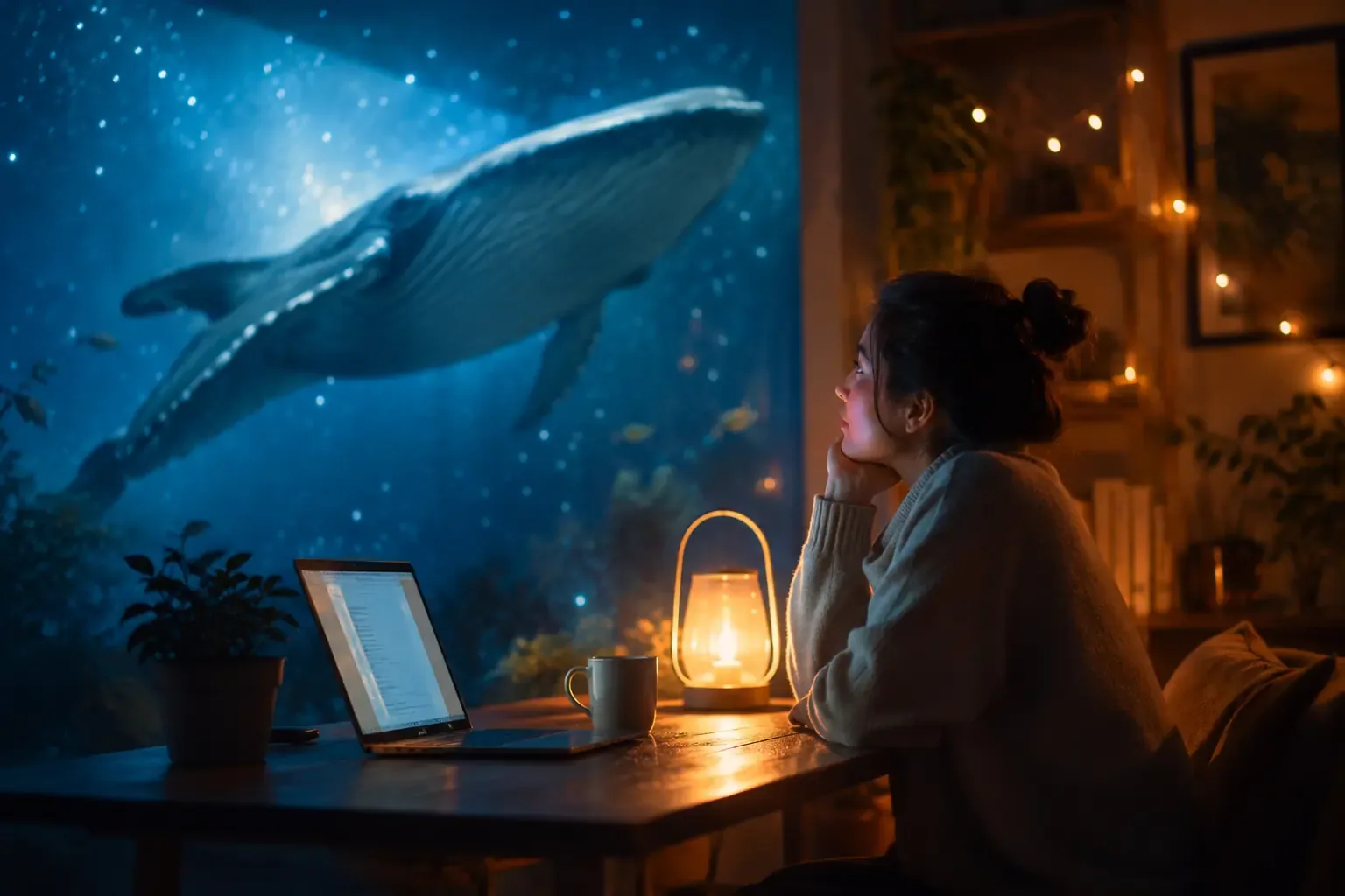 A person sitting at a kitchen table late at night, laptop open, soft warm lamp light, looking thoughtfully at the screen, cozy home setting, no visible hands or fingers in frame, warm color palette A person sitting at a kitchen table late at night, laptop open, soft warm lamp light, looking thoughtfully at the screen, cozy home setting, no visible hands or fingers in frame, warm color palette