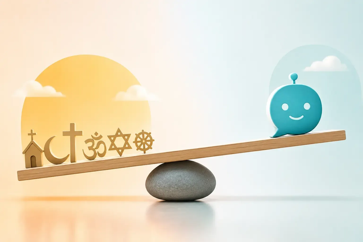 A simple, friendly infographic-style illustration showing a scale tipping unevenly between two symbolic faith icons, clean modern flat design, soft pastel colors, no text A simple, friendly infographic-style illustration showing a scale tipping unevenly between two symbolic faith icons, clean modern flat design, soft pastel colors, no text