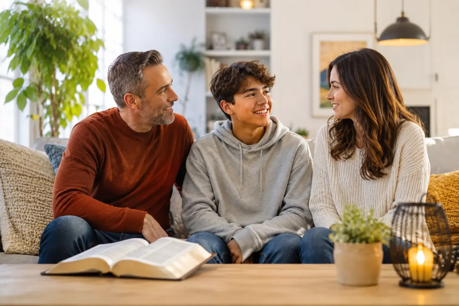 A warm family scene at home, parents and a teenager talking together on a couch, open Bible on the coffee table nearby, soft natural lighting, candid and unposed feel, no hands or fingers visible A warm family scene at home, parents and a teenager talking together on a couch, open Bible on the coffee table nearby, soft natural lighting, candid and unposed feel, no hands or fingers visible