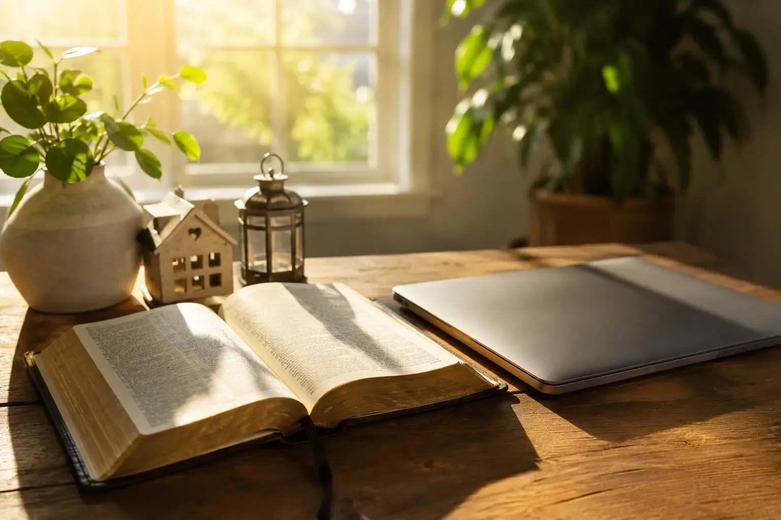 An open Bible on a wooden table next to a closed laptop, morning sunlight streaming through a window, peaceful still-life composition, no people or hands in frame An open Bible on a wooden table next to a closed laptop, morning sunlight streaming through a window, peaceful still-life composition, no people or hands in frame