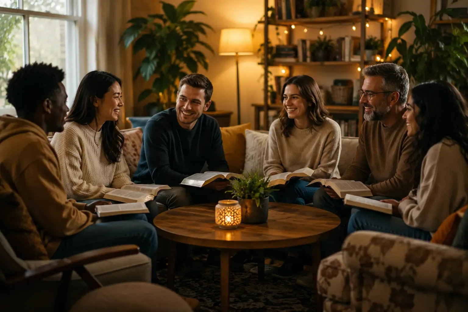A diverse small group of people sitting in a circle for a Bible study or faith discussion, cozy living room setting, warm lighting, engaged expressions, no hands or fingers visible in frame A diverse small group of people sitting in a circle for a Bible study or faith discussion, cozy living room setting, warm lighting, engaged expressions, no hands or fingers visible in frame