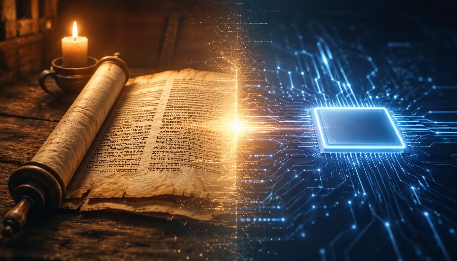 Split-screen illustration, left side an open ancient scroll and candle, right side a minimalist glowing computer chip, symbolizing ancient scripture versus modern technology, no people, muted warm and cool color palette Split-screen illustration, left side an open ancient scroll and candle, right side a minimalist glowing computer chip, symbolizing ancient scripture versus modern technology, no people, muted warm and cool color palette