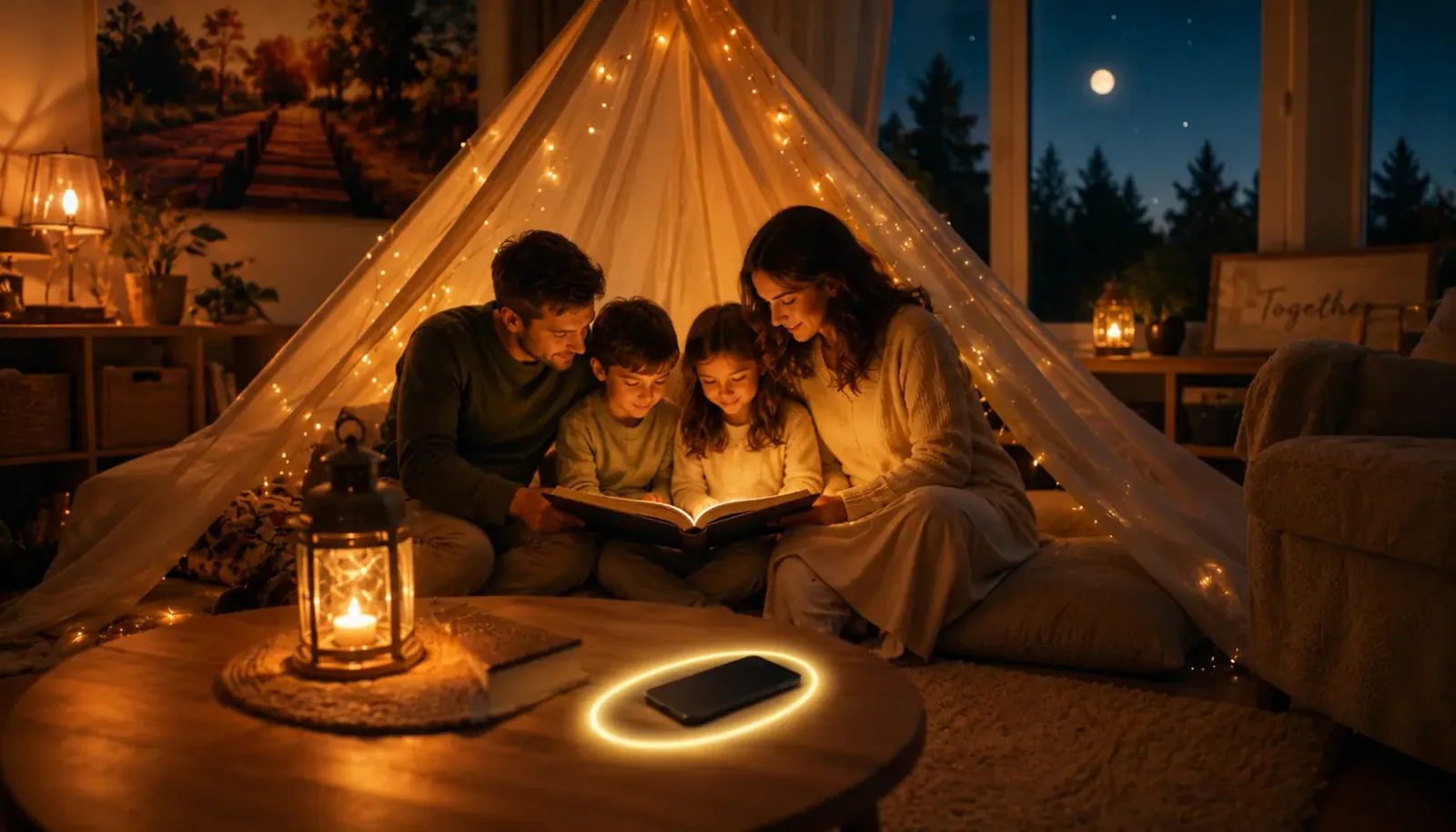 A cozy living room scene with a family sitting together reading a physical book by lamplight, a phone face-down on the table nearby, warm inviting atmosphere, no visible hands or close-up body parts A cozy living room scene with a family sitting together reading a physical book by lamplight, a phone face-down on the table nearby, warm inviting atmosphere, no visible hands or close-up body parts