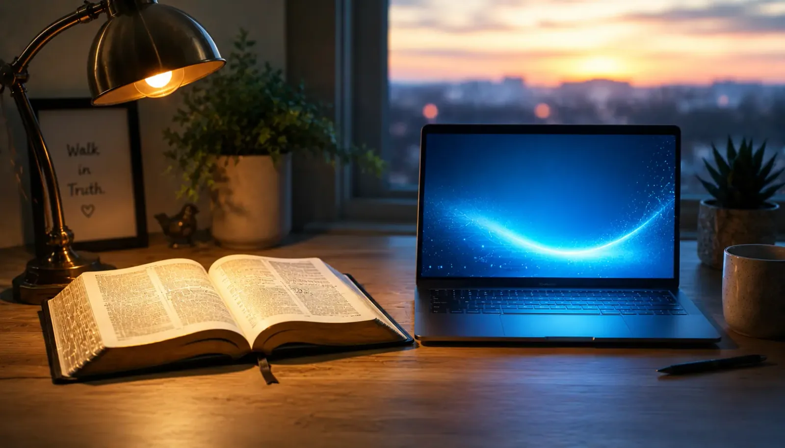 A single open Bible on a desk next to a laptop with a soft blue glow, both illuminated by a warm desk lamp, calm balanced composition, no people visible A single open Bible on a desk next to a laptop with a soft blue glow, both illuminated by a warm desk lamp, calm balanced composition, no people visible