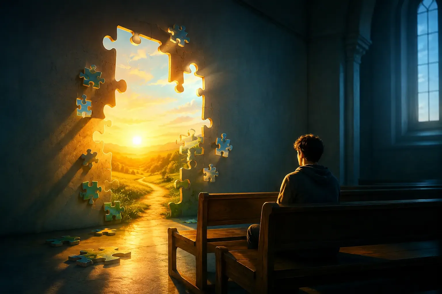A person sitting alone in a church pew during daytime, sunlight through stained glass windows, contemplative mood, no other people visible, wide shot A person sitting alone in a church pew during daytime, sunlight through stained glass windows, contemplative mood, no other people visible, wide shot