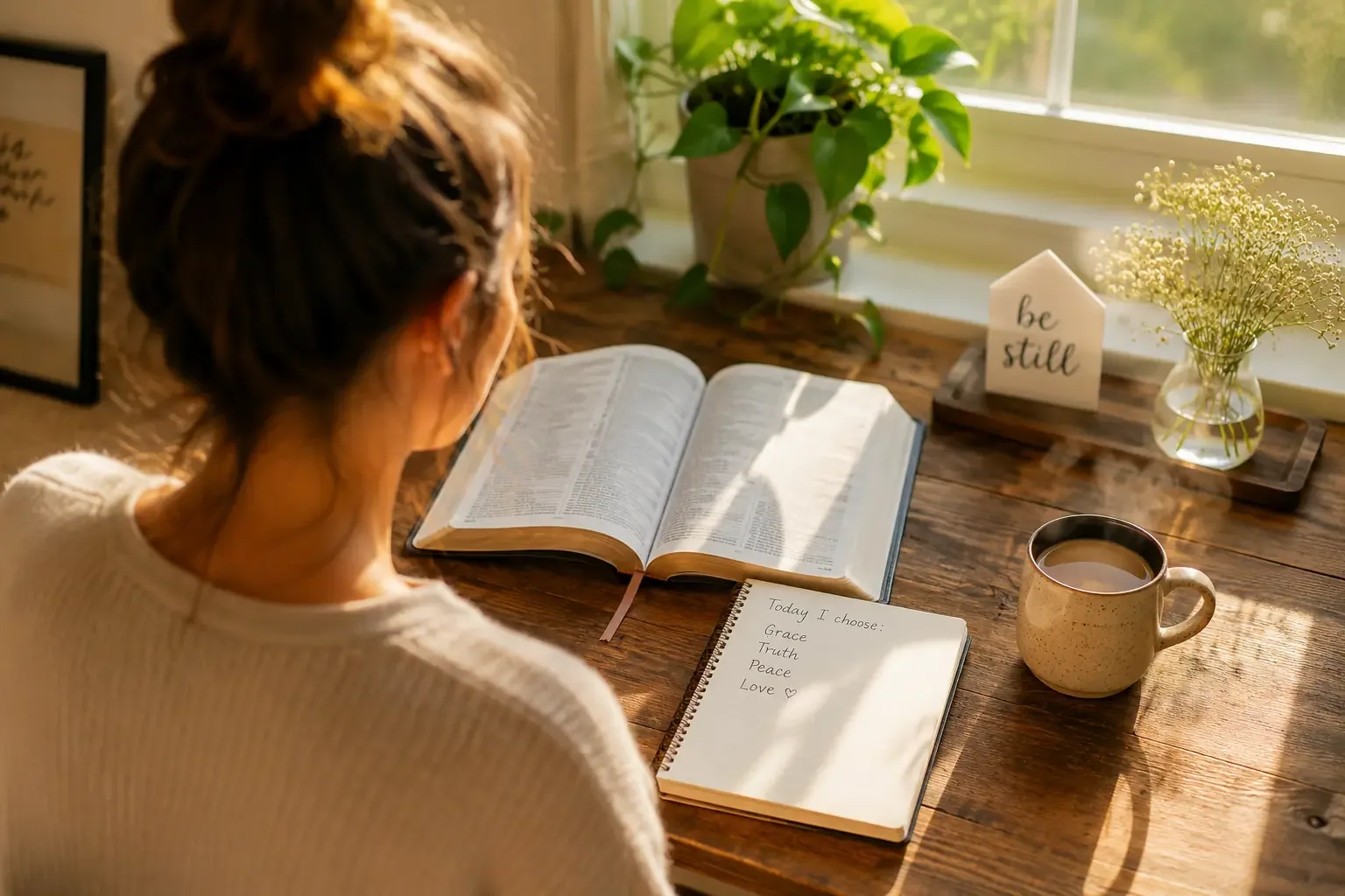 A woman journaling with a Bible open beside her at a kitchen table, warm morning light, cozy domestic setting, no hands visible in frame, over-the-shoulder angle A woman journaling with a Bible open beside her at a kitchen table, warm morning light, cozy domestic setting, no hands visible in frame, over-the-shoulder angle