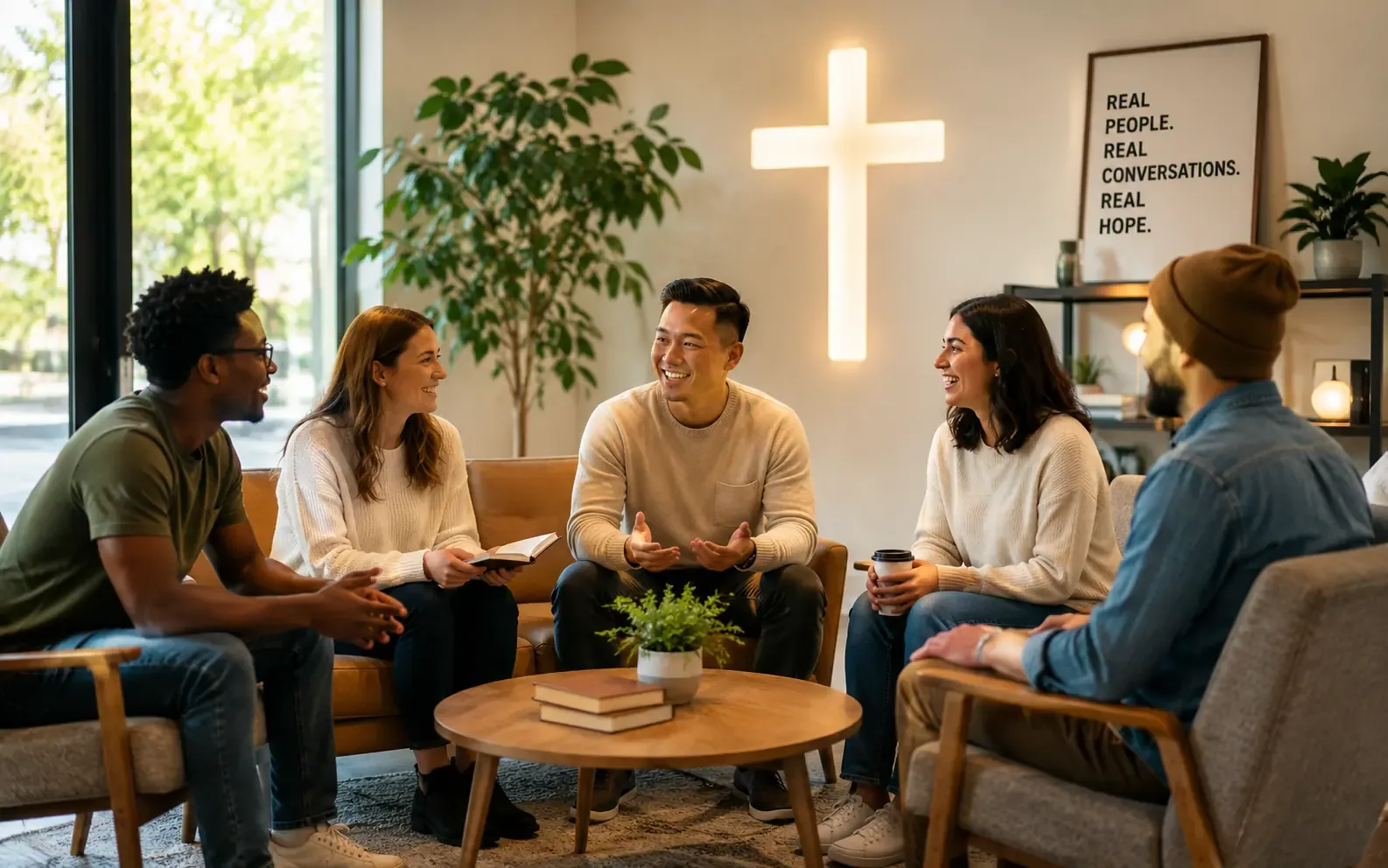 A diverse small group of adults sitting in a circle having a discussion in a modern church fellowship room, natural lighting, casual clothing, engaged expressions A diverse small group of adults sitting in a circle having a discussion in a modern church fellowship room, natural lighting, casual clothing, engaged expressions