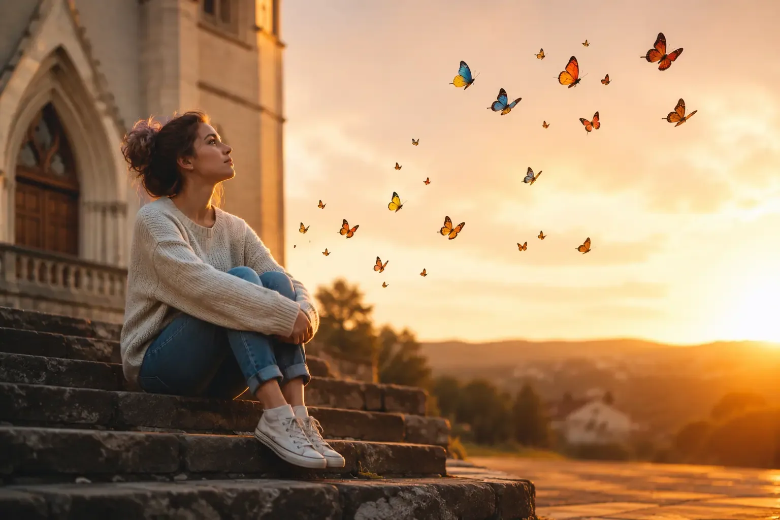 A young woman sitting alone on outdoor church steps at dusk, looking thoughtfully into the distance, warm golden hour lighting, contemplative mood, no other people visible A young woman sitting alone on outdoor church steps at dusk, looking thoughtfully into the distance, warm golden hour lighting, contemplative mood, no other people visible