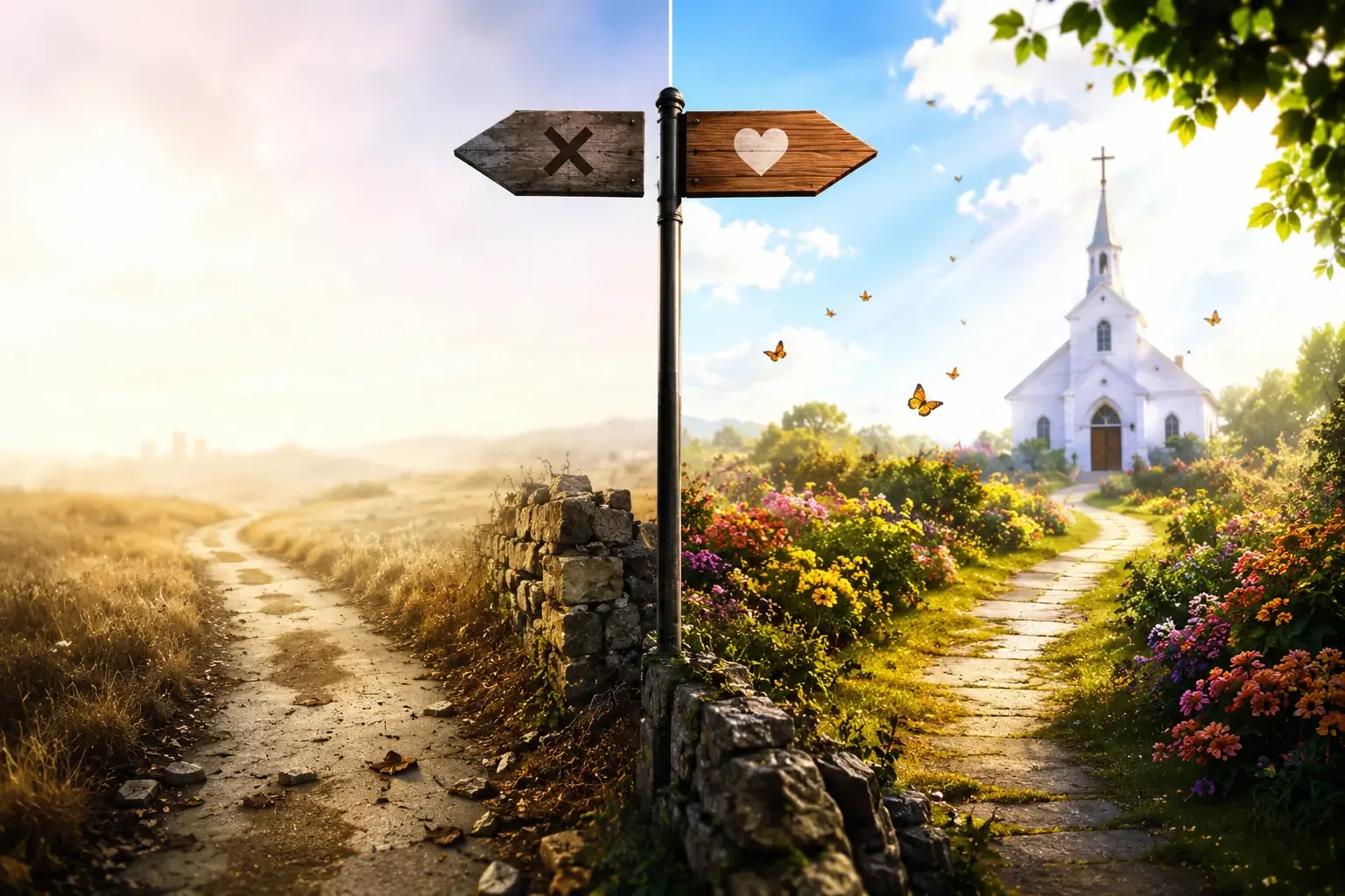 Split-screen style illustration showing two paths diverging, one leading away from a church building into an open field, one leading toward the church, soft muted color palette, symbolic and artistic, no people Split-screen style illustration showing two paths diverging, one leading away from a church building into an open field, one leading toward the church, soft muted color palette, symbolic and artistic, no people