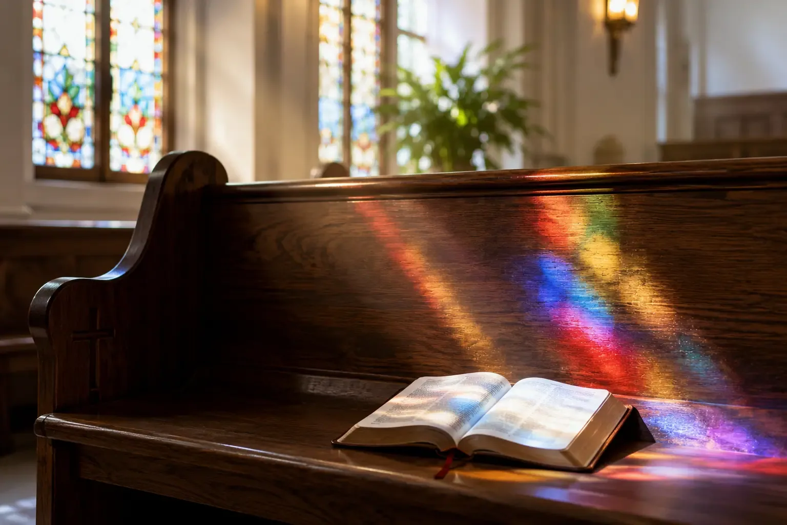 An empty church pew with a single open Bible left on the seat, soft natural light through stained glass windows, quiet and reflective atmosphere, no people in frame An empty church pew with a single open Bible left on the seat, soft natural light through stained glass windows, quiet and reflective atmosphere, no people in frame