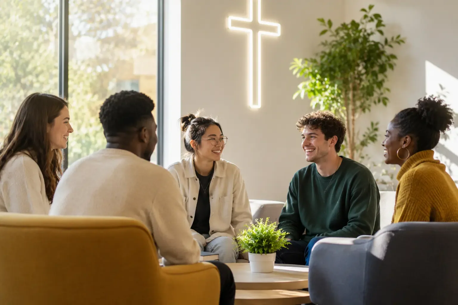 A small group of diverse adults sitting in a circle having an honest conversation in a warm, modern church fellowship room, natural daylight, candid documentary style, faces visible but no close-up of hands A small group of diverse adults sitting in a circle having an honest conversation in a warm, modern church fellowship room, natural daylight, candid documentary style, faces visible but no close-up of hands