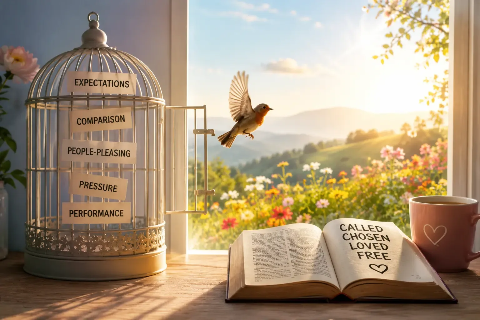an open Bible on a wooden table next to a cup of coffee, morning light through a window, cozy devotional scene, no people visible an open Bible on a wooden table next to a cup of coffee, morning light through a window, cozy devotional scene, no people visible