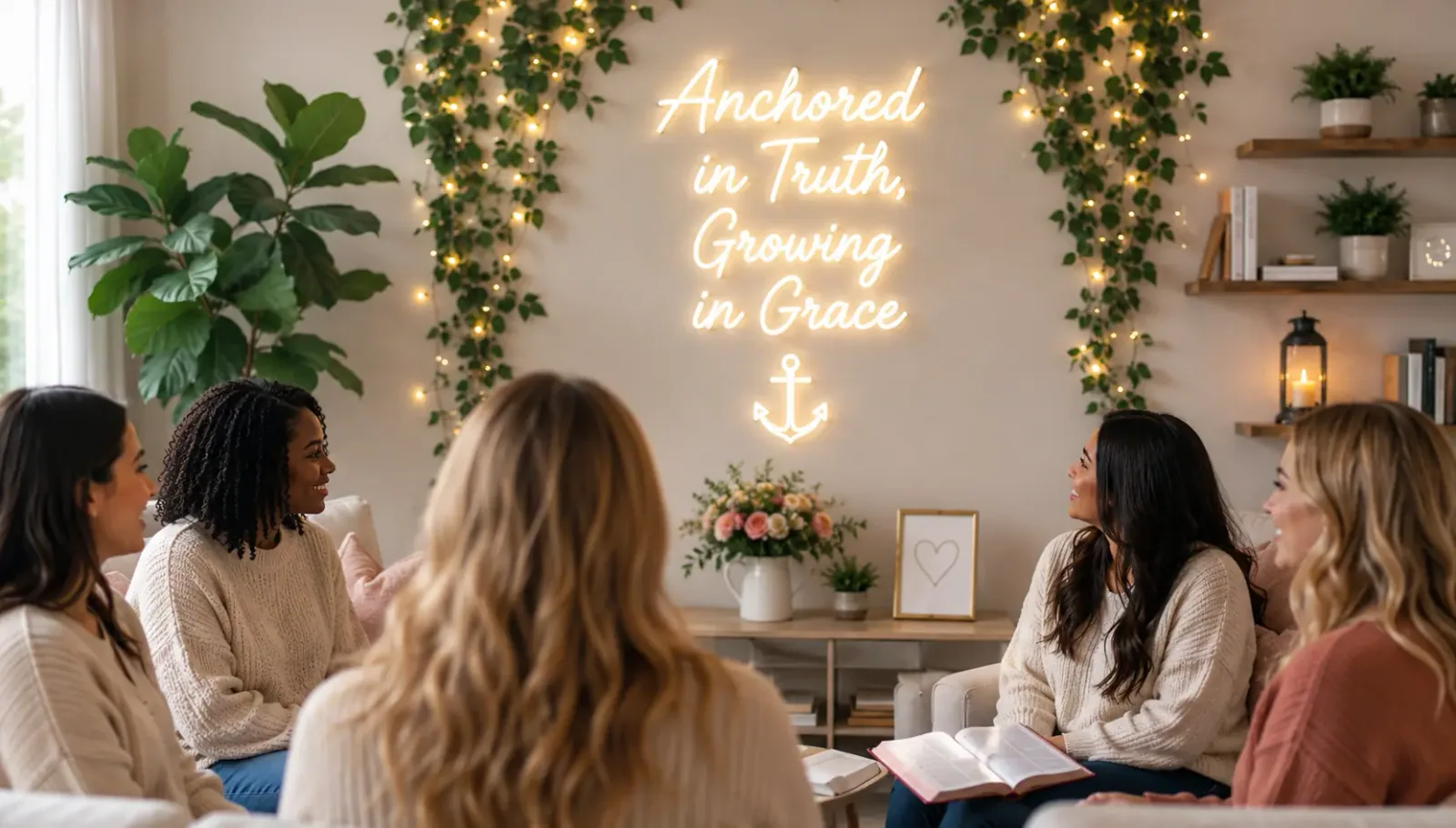 a diverse small group of women sitting in a circle in a cozy living room having a Bible study discussion, warm lighting, journals and Bibles visible on laps a diverse small group of women sitting in a circle in a cozy living room having a Bible study discussion, warm lighting, journals and Bibles visible on laps