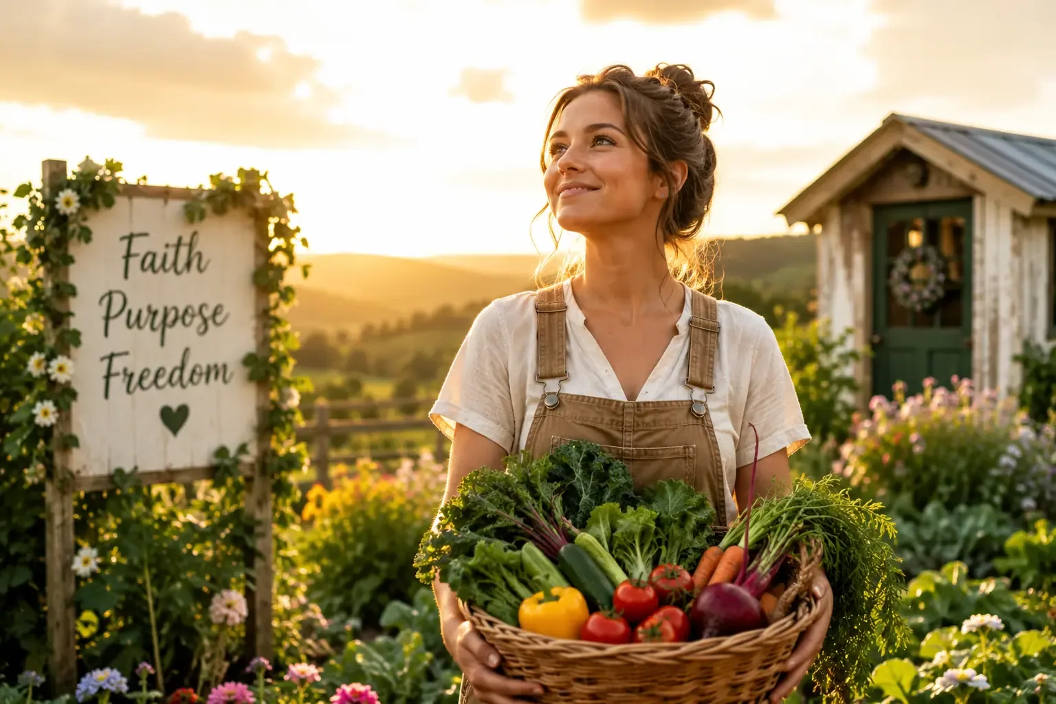 a strong determined woman standing in a garden holding a basket of harvested vegetables, golden hour lighting, rural homestead setting, face visible and confident a strong determined woman standing in a garden holding a basket of harvested vegetables, golden hour lighting, rural homestead setting, face visible and confident